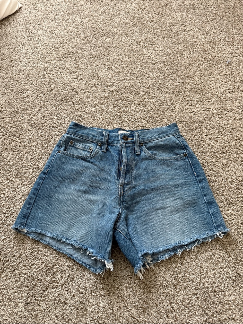 High-Rise Frayed Hem Denim Shorts - Blue